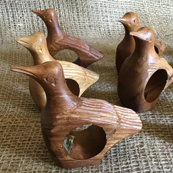 Vintage Hand Carved Wooden Bird Napkin Rings - Set Of 8 - Mid Century Modern - Picture 5 of 8